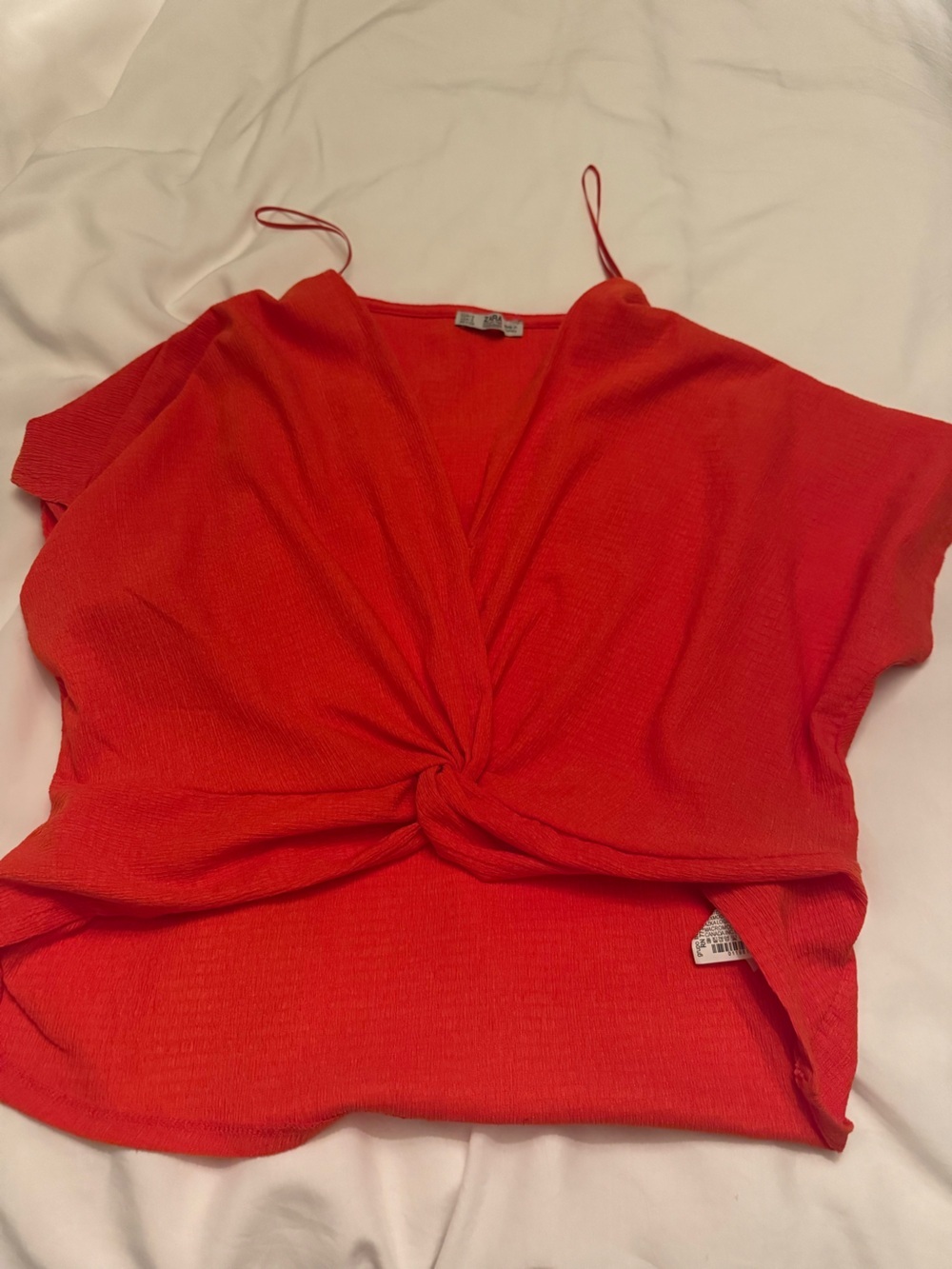 Zara Red Knotted V-Neck Short Sleeve Top